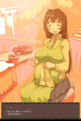1girl black_hair blush breasts caitin closed_eyes female_focus gameplay_mechanics happy kaqo knitting large_breasts long_hair mabinogi pregnant smile solo translated