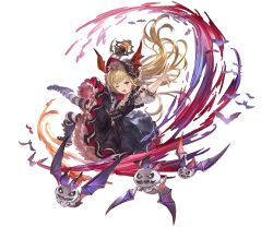 1girl bat_(animal) blonde_hair boots dress female_focus frills full_body granblue_fantasy holding knee_boots long_hair minaba_hideo official_art oil_lamp one_eye_closed open_mouth pointy_ears puffy_short_sleeves puffy_sleeves red_eyes shadowverse shingeki_no_bahamut short_dress short_sleeves simple_background smile solo striped_clothes striped_legwear striped_thighhighs thighhighs transparent_background vampy