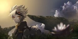1boy artist_name blurry blurry_foreground cloud colored_skin flower grey_hair grey_skin highres male_focus orange_eyes outdoors short_hair signature smile solo toosut0 valdi_(xenoblade) watermark xenoblade_chronicles_(series) xenoblade_chronicles_3