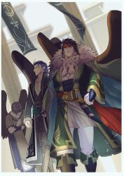 2boys bare_pectorals blue_hair boots brown_hair cape coat commentary_request earrings feather_earrings feathers fire_emblem fire_emblem:_radiant_dawn fur-trimmed_cape fur_trim headband jewelry laguz_(fire_emblem) long_hair male_focus multiple_boys muscular muscular_male naesala1063 naesala_(fire_emblem) nintendo pants pectorals pointy_ears scar scar_on_chest scar_on_face tibarn_(fire_emblem) white_pants wings yellow_eyes