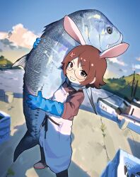 1girl animal animal_ears black_boots blue_gloves boat boots brown_eyes brown_hair character_request cloud commentary day english_commentary fish glasses gloves hair_ornament highres holding holding_animal holding_fish indie_virtual_youtuber jacket looking_at_viewer mountain outdoors overalls rabbit_ears rabbit_girl rubber_gloves second-party_source sky solo standing sweat syakunetuu water watercraft white_overalls x_hair_ornament