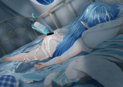 Rule 34 | 1girl, alcohol enema, anal, anal object insertion, ass, blue hair, bottle, censored, cum, enema, face down, face in pillow, fumihiko (fu mihi ko), hololive, indoors, long hair, object insertion, on bed, pillow, pointy ears, solo, virtual youtuber, yukihana lamy
