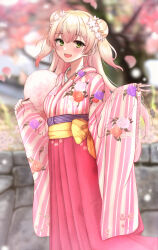 1girl absurdres alternate_costume blonde_hair blurry blurry_background blush charm_(object) commentary_request cotton_candy crossed_bangs depth_of_field double_bun fang floral_print floral_print_kimono flower food gradient_hair green_eyes hair_bun hair_flower hair_ornament hakama hakama_skirt hands_up highres holding holding_charm holding_cotton_candy holding_food hololive japanese_clothes kimono looking_at_viewer mofu07519 momosuzu_nene multicolored_hair obi open_mouth outdoors pink_flower pink_hair pink_hakama pink_kimono print_kimono sash sidelocks skin_fang skirt sleeves_past_wrists smile solo standing striped_clothes striped_kimono two_side_up vertical-striped_clothes very_long_sleeves virtual_youtuber wide_sleeves yellow_sash