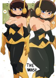 1girl absurdres avengers_(series) bee_wings black_pantyhose blue_eyes blush boots breasts brown_hair choker cleavage collarbone dress gloves grin headset heart highres insect_wings janet_van_dyne large_breasts looking_at_viewer marvel pantyhose short_hair smile sparkle speech_bubble spoken_animal spoken_bee spoken_heart standing strapless strapless_dress superhero_costume teeth the_avengers:_earth&#039;s_mightiest_heroes! thick_thighs thighs tony_welt wasp_(marvel) white_background wings yellow_dress yellow_footwear yellow_gloves