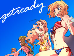 4girls america_(hetalia) axis_powers_hetalia az0212 bad_id bad_pixiv_id bikini blonde_hair blue_eyes canada_(hetalia) france_(hetalia) genderswap genderswap_(mtf) glasses hair_bun long_hair multiple_girls purple_eyes single_hair_bun swimsuit topless_female twintails united_kingdom_(hetalia)