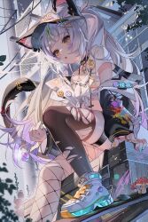 1girl ai_xiao_meng animal_ear_fluff animal_ear_piercing animal_ears baseball_cap black_thighhighs candy commentary_request detached_sleeves fishnet_pantyhose fishnets food grey_hair hat highres holding holding_candy holding_food holding_lollipop lollipop long_hair looking_down multicolored_nails mushroom off-shoulder_shirt off_shoulder open_mouth original outdoors pantyhose shirt shoes sitting solo tail thighhighs tied_shirt torn_clothes torn_thighhighs twintails white_shoes yellow_eyes