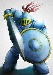 1other a10thunderboit armor asymmetrical_dual_wielding commentary_request creature creature_focus dragon_quest dual_wielding full_body glowing glowing_eye helmet highres holding holding_shield holding_sword holding_weapon imminent_attack knight looking_at_viewer no_humans red_eyes restless_armour shield solo sword weapon white_armor white_background