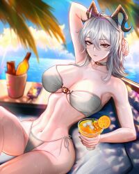 1girl alternate_costume arm_up bare_shoulders beach bikini black_horns black_nails blue_sky breasts choker collarbone commentary cup curled_horns day drinking_glass english_commentary food fruit grey_hair hair_between_eyes highres holding holding_cup horns large_breasts long_hair looking_at_viewer mcdobo multicolored_hair nail_polish navel ocean orange_(fruit) orange_slice outdoors parted_lips red_eyes side-tie_bikini_bottom sitting sky solo stomach streaked_hair swimsuit white_bikini white_choker wuthering_waves zani_(wuthering_waves)