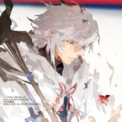 1boy falling_petals fate/grand_order fate_(series) flower_knot hair_between_eyes holding holding_staff hooded_robe kalak_39 long_sleeves looking_down male_focus merlin_(fate) original petals purple_eyes revision robe short_hair signature simple_background smile solo staff twitter_username upper_body white_background white_hair white_robe