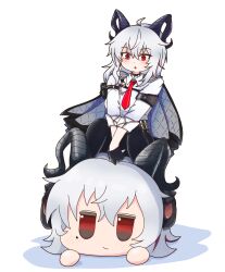1girl :o absurdres ahoge arm_pouch armband black_armband black_horns black_jacket black_pants black_pouch blush breasts collared_shirt commentary curled_horns dual_persona earrings english_commentary grey_hair highres horns jacket jacket_on_shoulders jewelry key_earrings large_breasts long_hair mole mole_under_eye multicolored_hair necktie nekonadelman open_mouth pants red_eyes red_necktie remnant_cube_(wuthering_waves) riding shirt simple_background solo streaked_hair white_background white_shirt wuthering_waves zani_(wuthering_waves)