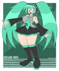 1girl blue_hair boots breasts character_name curvy detached_sleeves grey_shirt grid_background happy hatsune_miku headset koekeeper_99 medium_breasts miniskirt necktie number_tattoo pleated_skirt shirt signature skirt sleeveless sleeveless_shirt solo tattoo thick_thighs thighhighs thighs toon_(style) twintails twitter_username vocaloid wide_hips zettai_ryouiki
