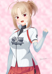 Rule 34 | 1girl, :d, absurdres, artist name, baseball uniform, black undershirt, cinderella series, cowboy shot, elbow gloves, fang, fingerless gloves, gloves, hachigatsu no cinderella nine, high ponytail, highres, looking at viewer, miura nanase, open mouth, parted bangs, pink background, pleated skirt, ponytail, red eyes, red skirt, reisa-aisaka, shirt, shirt under shirt, short sleeves, sidelocks, skin fang, skirt, smile, solo, sportswear, standing, striped clothes, striped shirt