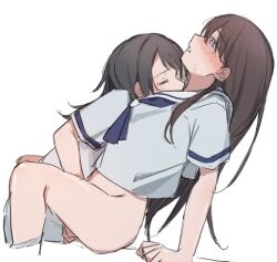 2girls bang_dream! bang_dream!_it&#039;s_mygo!!!!! black_hair blue_neckerchief blue_shirt blush brown_hair fingering hanasakigawa_school_uniform jenjen long_hair multiple_girls neckerchief open_mouth panties panties_around_leg purple_eyes sailor_collar school_uniform serafuku shiina_taki shirt short_sleeves sweatdrop underwear white_panties white_sailor_collar yahata_umiri yuri