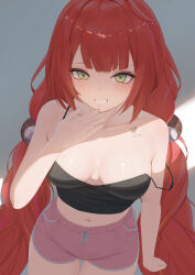1girl absurdres bare_shoulders blush breasts crop_top green_eyes highres long_hair looking_at_viewer pige_pig red_hair shorts solo ukinami_yuzuha zenless_zone_zero