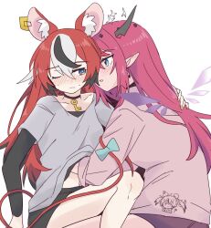 2girls animal_ears black_hair blue_eyes blush bow closed_mouth commentary crystal_wings hakos_baelz halo hand_under_clothes hand_under_shirt hololive hololive_english horns irys_(hololive) long_hair mouse_ears mouse_girl mouse_tail multicolored_hair multiple_girls one_eye_closed parted_lips pointy_ears purple_hair ramphastostella red_hair shirt symbol-only_commentary tail tail_bow tail_ornament virtual_youtuber white_hair yuri