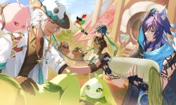 3boys absurdres ajaw_(genshin_impact) anger_vein animal_ears arm_tattoo bat_boy bat_ears black_gloves black_hair black_jacket black_shirt blue_eyes blue_scarf bracelet brown_gloves bush cacucu coat commentary cowboy_hat creature creature_on_shoulder dark-skinned_male dark_skin day dutch_angle ear_piercing earrings english_commentary facial_mark feathers fingerless_gloves food genshin_impact glove_cutout gloves green_eyes green_headband green_pants hair_between_eyes hand_tattoo hat headband heterochromia highres holding holding_creature holding_food hood hood_up hooded_jacket ifa_(genshin_impact) jacket jewelry kawausoman kinich_(genshin_impact) looking_at_another male_focus medium_hair multiple_boys nervous_smile official_art on_shoulder open_clothes open_coat open_mouth orange_eyes ororon_(genshin_impact) outdoors pants parted_lips piercing purple_eyes purple_hair radish scarf second-party_source shirt short_hair short_sleeves sleeves_rolled_up smile spiked_ear_piercing sweat tattoo teeth tepetlisaurus_(genshin_impact) upper_teeth_only white_coat white_hair white_hat yumkasaurus_(genshin_impact)