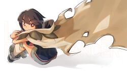 black_hair breasts cape cheesecakes_by_lynx from_behind grey_shorts highres looking_at_viewer looking_back nintendo parted_lips pokemon pokemon_oras red_eyes shorts sideboob simple_background sitting solo torn_cape torn_clothes watermark white_background zinnia_(pokemon)
