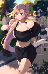 2boys 2girls bare_shoulders bike_shorts black_shorts black_sports_bra blonde_hair blue_eyes bouncing_breasts braid breasts bursting_breasts cleavage colored_inner_hair commentary_request high_ponytail highres huge_breasts jogging long_hair magister multicolored_hair multiple_boys multiple_girls original pandora_smith_(magister) park pink_hair ponytail running shiny_skin shiratama_liliana_(magister) shorts side_braid small_breasts solo_focus sports_bra sweat swept_bangs thighs very_long_hair