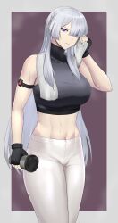 1girl absurdres ak-15_(girls&#039;_frontline) alternate_costume arm_strap bare_shoulders black_shirt braid breasts cas/kas chinese_commentary closed_mouth commentary_request covered_collarbone cowboy_shot crop_top cup drinking_glass drying fingerless_gloves girls&#039;_frontline gloves grey_hair hair_between_eyes hair_over_one_eye hand_up highres holding holding_cup holding_towel large_breasts long_hair looking_at_viewer midriff navel pants purple_eyes shirt sidelocks sleeveless sleeveless_shirt solo sportswear standing steaming_body sweat towel towel_around_neck tumbler_glass white_pants yoga_pants