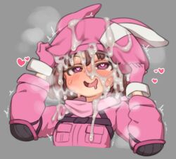 1girl animal_hat bandana basukechi brown_hair bukkake cum cum_in_clothes cum_in_container cum_in_headwear cum_on_body cum_on_clothes drooling facial gloves hat heart heart-shaped_pupils heavy_breathing llenn_(sao) pink_gloves pink_hat short_hair simple_background solo sword_art_online sword_art_online_alternative:_gun_gale_online symbol-shaped_pupils trembling