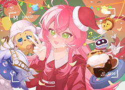 1girl ? ?? ahoge bee bibcoon bug character_request christmas christmas_tree circlet collared_shirt crossed_bangs dot_nose eyelashes faewish_sprite foodie_bee fur-trimmed_headwear fur_trim gift green_eyes hair_between_eyes hat highres infinity_nikki insect light_blush long_hair long_sleeves nikki_(series) open_mouth original piecey pink_hair pointy_ears pom_pom_(clothes) raccoon red_hat red_shirt red_socks santa_hat selfie shenyue_lulu shirt sidelocks smile socko_(infinity_nikki) socks upper_body v very_long_hair viewfinder watermark