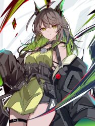1girl absurdres animal_ears arknights belt black_jacket brown_hair cat_ears cat_girl colored_inner_hair cowboy_shot cowlick dutch_angle green_eyes green_hair highres jacket long_hair mon3tr_(arknights) multicolored_hair off_shoulder sleeves_past_wrists solo sparks_summer thigh_belt thigh_strap two-tone_hair