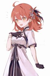 1girl absurdres ahoge black_gloves blush bracelet breasts cleavage_cutout clothing_cutout dress fate/grand_order fate_(series) fomnant fujimaru_ritsuka_(female) gloves hair_ornament hair_ribbon highres jewelry looking_at_viewer medium_breasts necklace one_side_up open_mouth orange_eyes orange_hair ribbon short_hair short_sleeves smile solo star_(symbol) star_hair_ornament white_dress