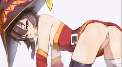 1girl all_fours anus ass asymmetrical_legwear bandaged_leg bandages belt blush breasts brown_hair censored detached_sleeves dress hat highres huge_filesize kono_subarashii_sekai_ni_shukufuku_wo! loli looking_at_viewer medium_hair megumin mismatched_legwear nipples open_mouth pussy red_dress red_eyes sidelocks single_thighhigh small_breasts solo thighhighs thighs waligner witch_hat