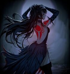 artist_name back_tattoo backless_dress backless_outfit black_hair blue_bridal_gauntlets blue_dress blurry blurry_background boots castlevania:_order_of_ecclesia castlevania_(series) choker closed_eyes color_contrast commentary cowboy_shot dated dress english_commentary floating_hair from_behind hands_on_own_head highres konami long_hair red_tattoo shanoa_(castlevania) shoulder_tattoo spacetriggah tattoo thigh_boots thighs very_long_hair