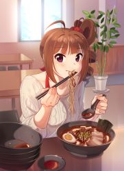 1girl ahoge bowl bra_strap brown_hair chair chopsticks closed_mouth collarbone day drill_hair eating female_focus food holding holding_chopsticks holding_ladle idolmaster idolmaster_million_live! indoors kamille_(vcx68) ladle looking_at_viewer noodles purple_eyes ramen scrunchie short_hair side_drill sitting solo soup sweater table window yokoyama_nao