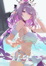 1girl absurdres alternate_costume bare_shoulders bikini black_tiara bow breasts bright_pupils bug butterfly castorice_(honkai:_star_rail) hair_bow highres honkai:_star_rail honkai_(series) insect long_hair looking_at_viewer navel outdoors parted_lips pointy_ears pray_(furei) purple_butterfly purple_eyes purple_hair solo standing stomach swimsuit tiara white_bikini white_bow white_pupils