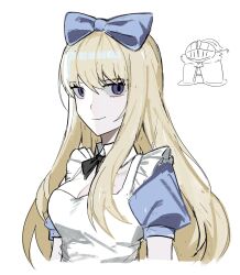 1boy 1girl alice_(black_souls) apron asdf1211950 black_bow black_bowtie black_souls blonde_hair blue_bow bow bowtie closed_mouth detached_collar grimm_(black_souls) hair_bow highres long_hair looking_at_viewer puffy_short_sleeves puffy_sleeves short_sleeves sidelocks simple_background smile white_apron white_background