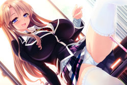 1girl :d blonde_hair blue_eyes blush breasts cameltoe chair curtains dutch_angle female_focus game_cg himemiya_yuki indoors large_breasts long_hair looking_at_viewer mbs_truth necktie official_art open_mouth ore_ga_kousoku!_nakadashi_igai_wa_kousoku_ihan!!! panties pantyshot pen school_uniform shirt sitting skirt smile solo spread_legs table thighhighs underwear white_panties white_shirt white_thighhighs window zettai_ryouiki