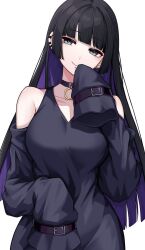 Rule 34 | 1girl, black hair, blunt bangs, bocchi the rock!, choker, cowboy shot, ear piercing, earrings, face piercing, hand up, highres, hime cut, indoors, jewelry, kushinaka, labret piercing, multicolored hair, pa-san, piercing, purple choker, purple hair, simple background, sleeves past fingers, sleeves past wrists, smile, solo, two-tone hair, white background