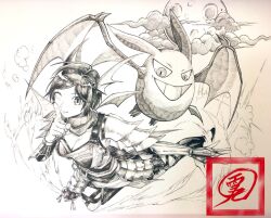 armor bat_wings breasts cleavage cloud crobat cross-laced_clothes finger_to_mouth gen_2_pokemon grin hair_ornament japanese_clothes kimono large_breasts moon nene one_eye_closed parted_bangs pokemon pokemon_conquest scarf sengoku_musou sketch smile socks swept_bangs thigh_strap vambraces wings wink