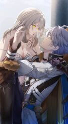 Rule 34 | 1boy, 1girl, absurdres, ahoge, blue cape, blue eyes, boots, bra, breasts, brown boots, cape, cleavage, closed mouth, commentary request, from side, grey hair, hair between eyes, hetero, highres, honkai: star rail, honkai (series), knee boots, lace, lace-trimmed bra, lace trim, looking at another, medium hair, memeiradesuyo, phainon (honkai: star rail), short hair, sitting, smile, stelle (honkai: star rail), trailblazer (honkai: star rail), underwear, white bra, white hair, yellow eyes
