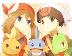 1boy 1girl bandana blue_eyes brendan_(pokemon) brown_hair closed_mouth gen_3_pokemon hair_between_eyes hat looking_at_viewer may_(pokemon) mudkip nintendo pokemon pokemon_(creature) pokemon_rse red_bandana red_shirt shirt smile torchic treecko upper_body white_hat ymzmi