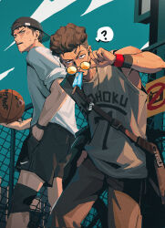 2boys ? absurdres adjusting_eyewear anger_vein armband asymmetrical_hair backwards_hat bag ball bare_shoulders baseball_cap basketball_(object) black-framed_eyewear black_armband black_bag black_hair black_hat black_pants black_shorts brown_eyes brown_hair building chain-link_fence cloud dark-skinned_male dark_skin feet_out_of_frame fence food food_in_mouth grey_shirt hand_in_pocket hat highres holding holding_ball jewelry looking_at_another looking_at_viewer looking_back male_focus melting_popsicle mitsui_hisashi miyagi_ryouta multiple_boys necklace nike_(company) open_mouth outdoors pants popsicle popsicle_in_mouth print_shirt raised_eyebrow red_armband romaji_text round_eyewear sanpaku shirt short_hair short_sideburns shorts shoulder_bag sidecut sign sky slam_dunk_(series) sleeveless sleeveless_shirt sleeves_rolled_up speech_bubble spoken_question_mark sweat teeth tinted_eyewear tokireii undercut upper_teeth_only very_sweaty white_shirt yellow-tinted_eyewear