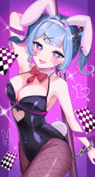 Rule 34 | 1girl, absurdres, alternate breast size, animal ears, aqua hair, arm up, armpits, bare shoulders, black bow, black leotard, blush, bow, breasts, card, cleavage, collarbone, covered navel, cuffs, detached collar, fake animal ears, fake tail, fishnet thighhighs, fishnets, hair bow, hair intakes, hair ribbon, handcuffs, hatsune miku, heart, heart-shaped pupils, highres, katouomochi, large breasts, leotard, long hair, miku day, multicolored hair, official alternate costume, official alternate hairstyle, open mouth, pink hair, playboy bunny, purple eyes, rabbit hole (vocaloid), red bow, ribbon, smile, solo, sweat, symbol-shaped pupils, tail, thighhighs, twintails, vocaloid