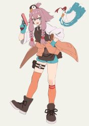 1girl :d absurdres animal arknights asymmetrical_sleeves bird black_necktie blue_eyes blue_gloves blue_shorts boots braid brown_boots brown_jacket brown_socks brown_thighhighs clothes_around_waist collared_shirt commentary_request gloves goose grey_background gun hand_on_own_hip handgun highres holding holding_gun holding_weapon jacket jacket_around_waist kneehighs long_hair long_sleeves looking_at_viewer may_(arknights) necktie open_mouth over-rim_eyewear purple_hair red-framed_eyewear rui_(rei_leyi) semi-rimless_eyewear shirt short_shorts short_sleeves shorts simple_background single_kneehigh single_sock single_thighhigh smile socks solo sweater_vest thighhighs twin_braids weapon white_shirt