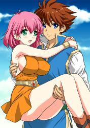 1boy 1girl :d absurdres antenna_hair armpits arms_around_neck bare_shoulders bartz_klauser blue_eyes blue_sky blue_tunic blush boots bracelet breasts brown_boots brown_hair carrying cloud day dress earrings final_fantasy final_fantasy_v gem gold_belt gold_bracelet green_eyes highres jewelry large_breasts lenna_charlotte_tycoon looking_at_another looking_at_viewer male_focus messy_hair metal_belt open_mouth orange_dress outdoors pink_hair princess_carry red_gemstone shirt short_hair sideboob sky smile spiked_hair stud_earrings tunic white_shirt yuuyuu_(3jjbn)