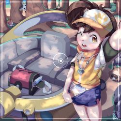 1girl bidoof blush character_print clothes_pull diaper diaper_under_clothes embarrassed emolga flat_chest gen_3_pokemon gen_4_pokemon gen_5_pokemon highres loli looking_at_viewer new_pokemon_snap nintendo omulettes one_eye_closed outdoors peeing peeing_self pokemon pokemon_(creature) print_diaper river_(pokemon) shorts shorts_pull swablu tagme unworn_diaper wet_diaper wink wurmple
