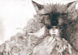 1girl animal_ears blue_eyes claws cloak closed_eyes curly_hair fantasy fur_cloak fur_hood graphite_(medium) looking_at_viewer nose original partially_colored sheep sheep_ears smile snout solo sugawara_chiaki traditional_media translation_request white_background wolf wolf_ears