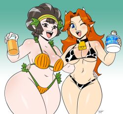 2girls aeolus animal_print bikini blue_eyes bottle breasts cow_horns cow_print cowbell curvy female_focus highres horns kina_(zelda) large_breasts long_hair looking_at_viewer malon matching_hair/eyes milk_bottle multiple_girls navel nintendo one_eye_closed orange_hair pointy_ears pumpkin short_hair simple_background swimsuit the_legend_of_zelda the_legend_of_zelda:_ocarina_of_time the_legend_of_zelda:_skyward_sword thick_thighs thighs wide_hips wink