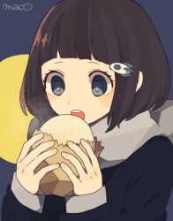 1girl steamed_bun black_coat black_eyes blush_stickers bob_cut brown_hair coat eating food grey_scarf holding holding_food imminent_bite maco22 open_mouth original rocket_hair_ornament scarf short_hair signature solo teeth upper_teeth_only