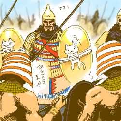4boys ancient_egypt ancient_egyptian ancient_egyptian_clothes armor army battle beard cambyses_ii cat creatures_(company) facial_hair game_freak gen_1_pokemon helm helmet historical_event hyaku_todoroki lowres male_focus misogram multiple_boys muscular nintendo original outdoors persian pokemon pokemon_(creature) polearm shield sky smirk soldier spear translated war weapon
