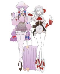 2girls :o alternate_costume bag braid brown_corset brown_shoes cellphone corset crescent crescent_hat_ornament cup detached_sleeves disposable_cup dress fang full_body glasses hair_ribbon hat hat_ornament highres holding holding_bag holding_cup holding_phone long_hair long_sleeves medium_hair multiple_girls open_mouth patchouli_knowledge phone purple_dress purple_eyes purple_hair red_eyes remilia_scarlet ribbon round_eyewear shoes skin_fang smartphone smile thighhighs touhou twin_braids very_long_hair white_background white_dress white_hair white_shoes white_thighhighs zenritsu