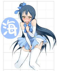10s 1girl bare_shoulders blue_hair blush brown_eyes covering_breasts covering_crotch covering_privates detached_sleeves dress embarrassed female_focus highres long_hair looking_at_viewer love_live! love_live!_school_idol_festival love_live!_school_idol_project nac000 open_mouth skirt skirt_tug solo sonoda_umi thighhighs white_thighhighs