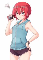&gt;:( 1girl amate_yuzuriha bare_arms bare_shoulders black_shorts blue_eyes blue_jacket blush breasts cellphone closed_mouth commentary dolphin_shorts english_commentary gundam gundam_gquuuuuux hand_up highres holding holding_phone hood hood_down hooded_jacket jacket light_frown mixed-language_commentary phone prophosphere red_hair short_shorts shorts signature simple_background sleeveless sleeveless_jacket small_breasts solo squiggle v-shaped_eyebrows white_background
