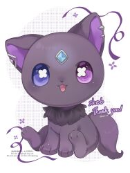 animal animal_focus blue_eyes borrowed_character cat commentary_request commission heterochromia highres iwasi_29 looking_at_viewer no_humans open_mouth original purple_eyes skeb_commission smile solo thank_you twitter_username watermark white_background